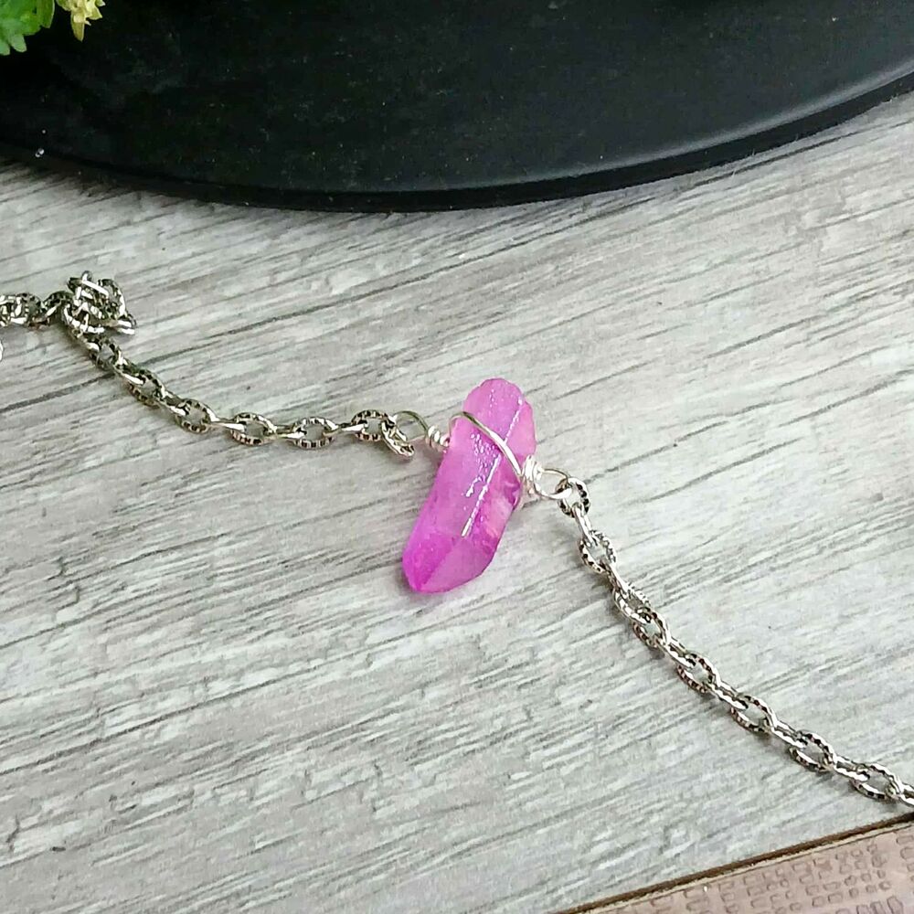 Dainty Aura Quartz Crystal Anklet Bracelet, Adjustable Gemstone Jewelry